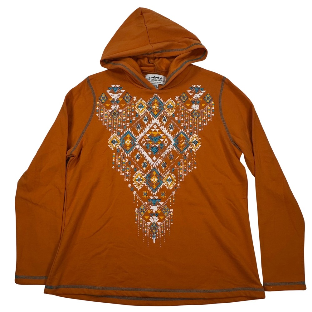 Back In The Saddle Burnt Orange Southwestern Rhinestone Hoodie Large NWT